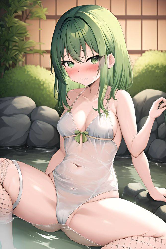 Anime Busty Small Tits 30s Age Sad Face Green Hair Bangs Hair Style Light Skin Illustration Onsen Side View Spreading Legs Fishnet - AI Hentai - #main