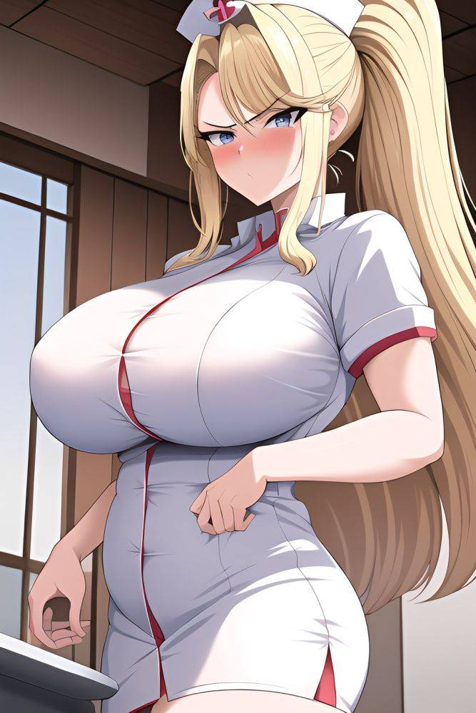 Anime Busty Huge Boobs 60s Age Angry Face Blonde Slicked Hair Style Light Skin Comic Yacht Close Up View Bathing Nurse - AI Hentai - #main
