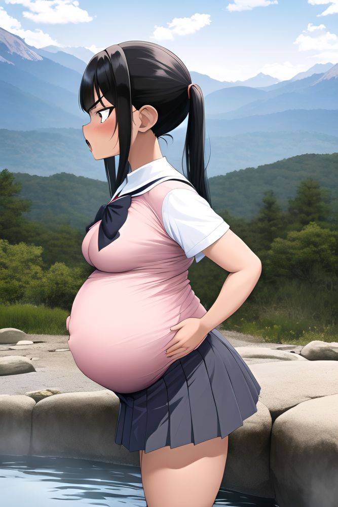 Anime Pregnant Small Tits 80s Age Angry Face Black Hair Pigtails Hair Style Dark Skin Vintage Mountains Side View Bathing Schoolgirl - AI Hentai - #main