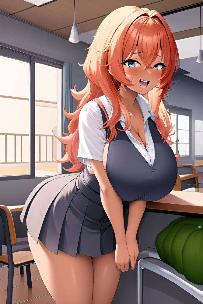 Anime Busty Huge Boobs 50s Age Laughing Face Ginger Messy Hair Style Dark Skin Soft Anime Grocery Side View Bending Over Schoolgirl - AI Hentai - #main