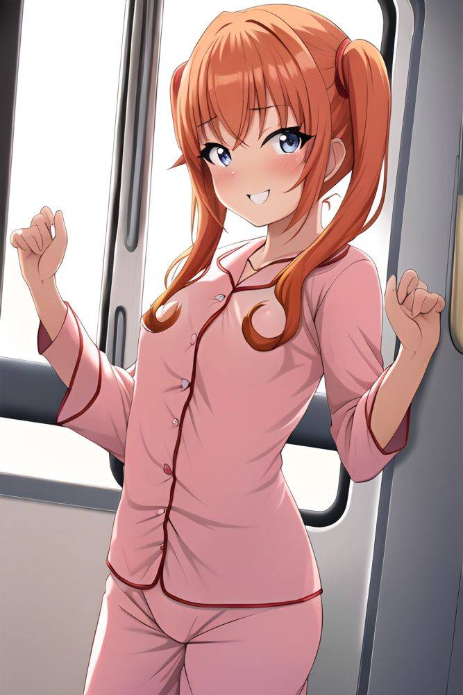 Anime Muscular Small Tits 70s Age Happy Face Ginger Pigtails Hair Style Light Skin Soft + Warm Train Close Up View On Back Pajamas - AI Hentai - #main