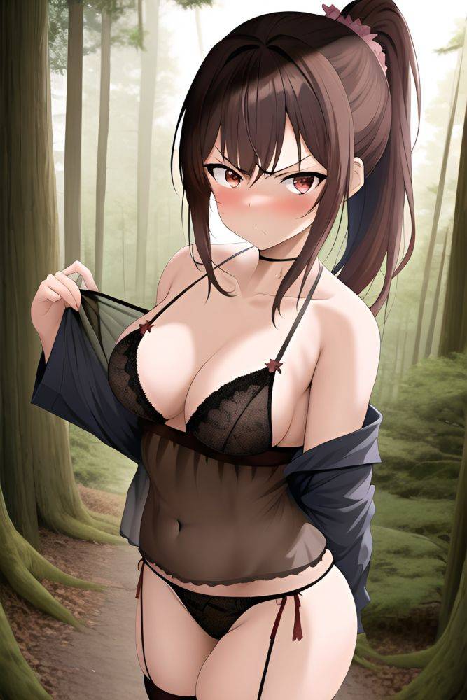 Anime Busty Small Tits 50s Age Angry Face Brunette Ponytail Hair Style Dark Skin Vintage Forest Close Up View Massage Lingerie - AI Hentai - #main