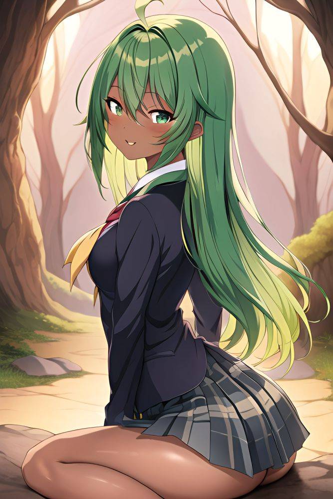 Anime Busty Small Tits 30s Age Happy Face Green Hair Straight Hair Style Dark Skin Illustration Cave Back View Straddling Schoolgirl 3662255050180165944 - AI Hentai - #main