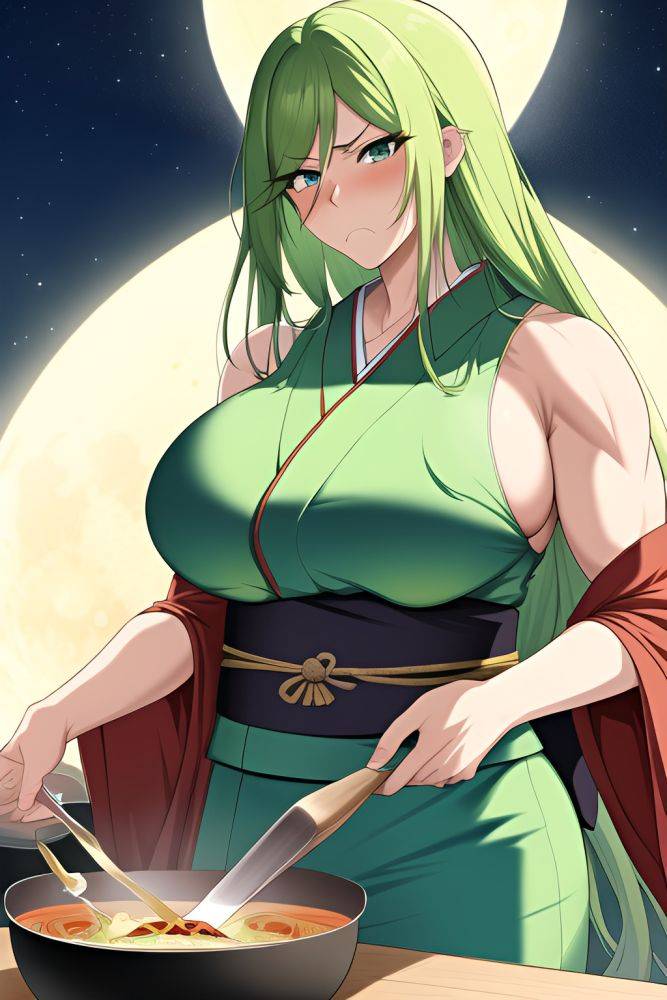 Anime Muscular Huge Boobs 60s Age Sad Face Green Hair Slicked Hair Style Light Skin Illustration Moon Close Up View Cooking Kimono 3662305299150641919 - AI Hentai - #main