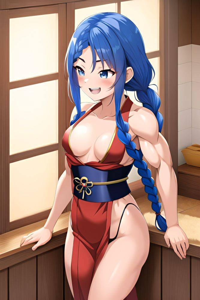 Anime Muscular Small Tits 40s Age Laughing Face Blue Hair Braided Hair Style Light Skin Dark Fantasy Bathroom Side View Plank Geisha 3662324628587981375 - AI Hentai - #main