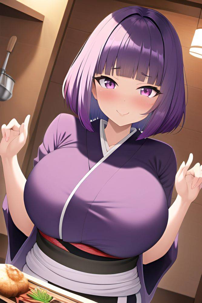 Anime Busty Huge Boobs 40s Age Happy Face Purple Hair Bobcut Hair Style Dark Skin Black And White Cave Close Up View Cooking Kimono 3662347819327440664 - AI Hentai - #main