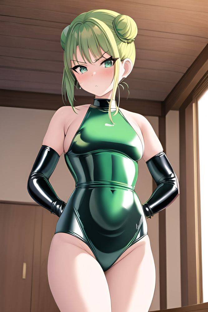 Anime Busty Small Tits 60s Age Serious Face Green Hair Hair Bun Hair Style Light Skin Vintage Oasis Front View Working Out Latex 3662409669356313041 - AI Hentai - #main