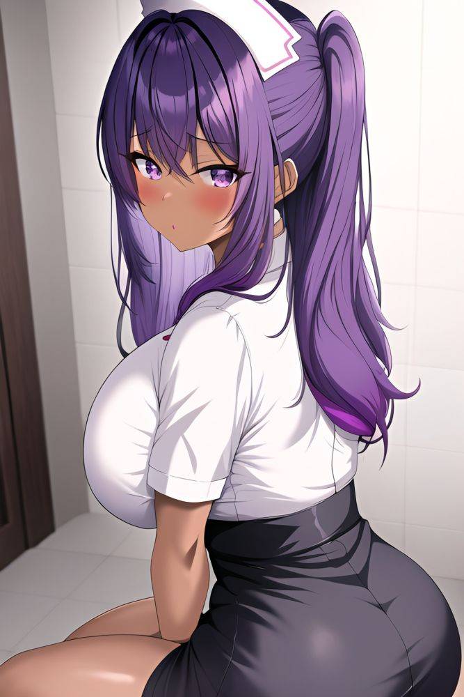 Anime Busty Huge Boobs 50s Age Shocked Face Purple Hair Bangs Hair Style Dark Skin Soft Anime Bathroom Back View Straddling Nurse 3662425130824494671 - AI Hentai - #main