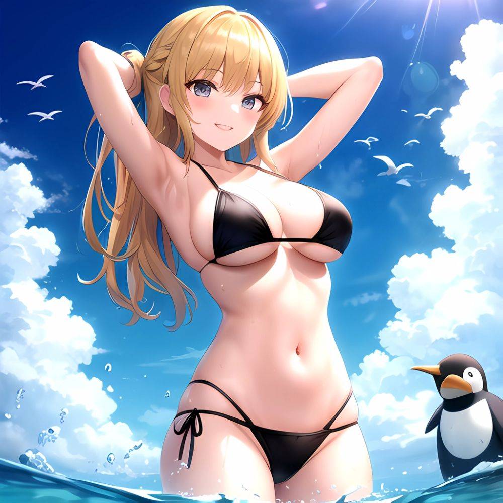 Empress Last Origin 1girl Armpits Arms Behind Head Bikini Bird Black Bikini Blonde Hair Blue Sky Breasts Cloud Gradient Hair, 151773034 - AI Hentai - #main