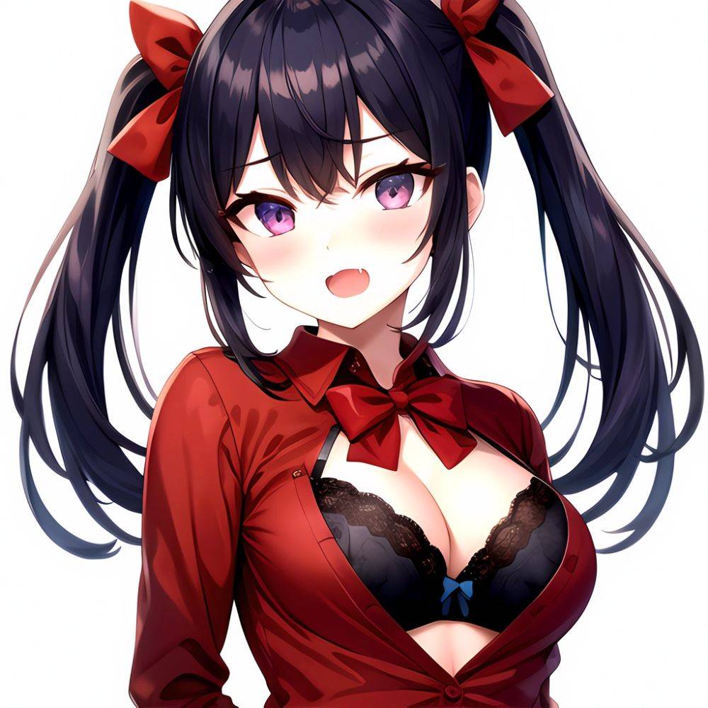 1girl Black Eyes Blue Hair Blush Bow Bowtie Bra Breasts Center Opening Cleavage Collared Shirt Fang Black Bra Hair Intakes, 63506486 - AI Hentai - #main