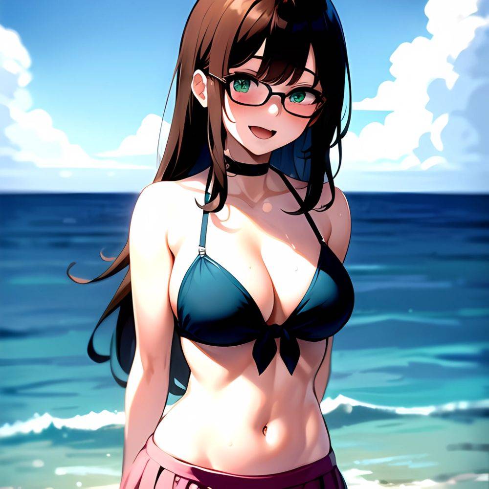 1girl D Bikini Bikini Bottom Aside Bikini Skirt Black Choker Blush Breasts Brown Hair Choker Cleavage Clothing Aside Front Tie, 3139735767 - AI Hentai - #main