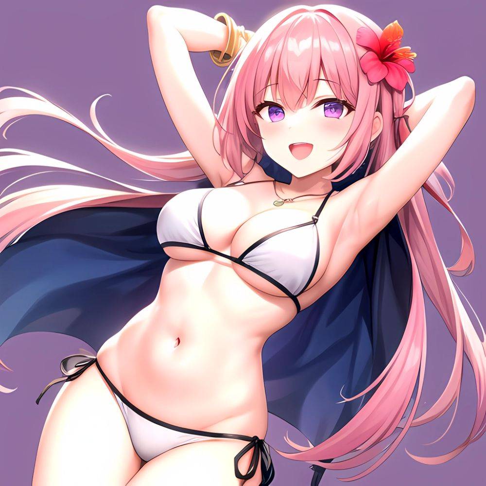 Yayoi Sakura 1girl Armpits Arms Behind Head Bikini Bracelet Breasts Cleavage Flower Hair Flower Hair Ornament Hibiscus Long Hair, 950585040 - AI Hentai - #main