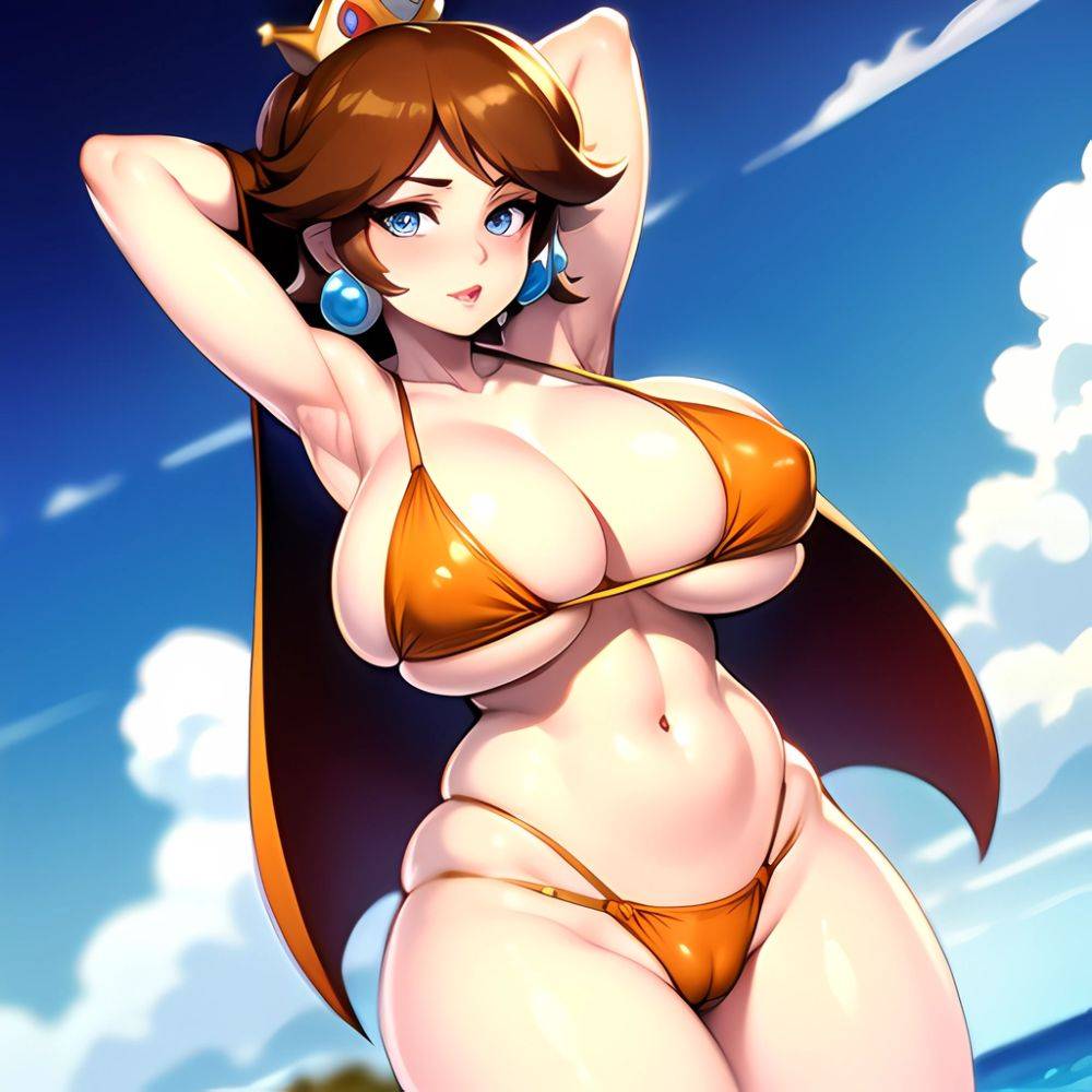 1girl Areola Slip Armpits Arms Behind Head Bikini Blue Eyes Blush Breasts Brown Hair Cleavage Huge Breasts Legs Mario Series, 3235584856 - AI Hentai - #main