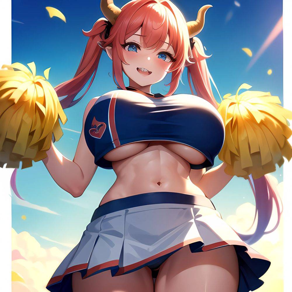 1girl Absurdres White Skirt Whitefrok Breasts Cheerleader Dragon Girl Dragon Horns Highres Holding Holding Pom Poms Horns Huge B, 1999444013 - AI Hentai - #main