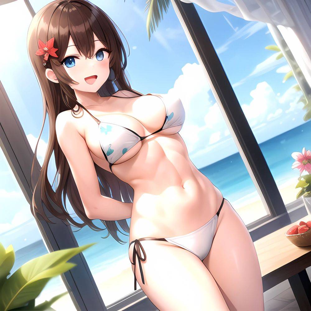 1girl D Abs Alternate Costume Arms Behind Back Asymmetrical Hair Bikini Blue Eyes Blush Breasts Brown Hair Cleavage Collarbone F, 1841032220 - AI Hentai - #main