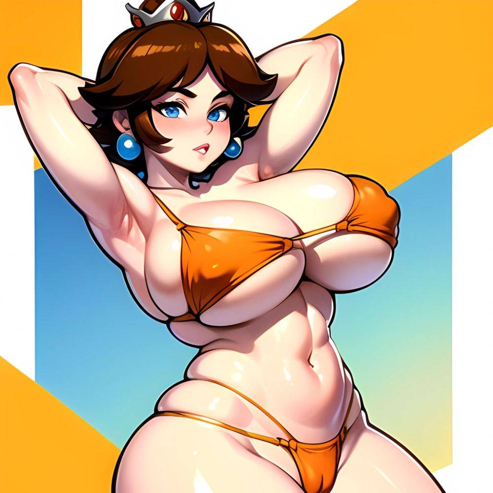 1girl Areola Slip Armpits Arms Behind Head Bikini Blue Eyes Blush Breasts Brown Hair Cleavage Huge Breasts Legs Mario Series, 1830941178 - AI Hentai - #main