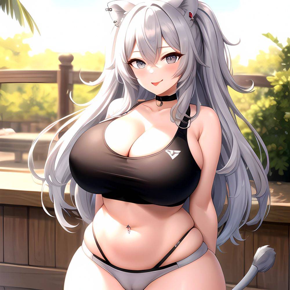 1girl Alternate Breast Size Animal Ears Bare Shoulders Belly Black Choker Blush Breasts Cameltoe Choker Cleavage Cowboy Shot Cur, 3299066825 - AI Hentai - #main