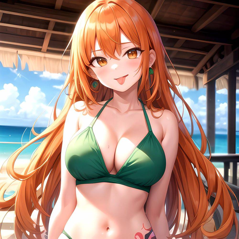 Nami One Piece 1girl Bare Arms Bare Shoulders Bikini Breasts Earrings Green Bikini Groin Jewelry Large Breasts Long Hair Looking, 296680584 - AI Hentai - #main