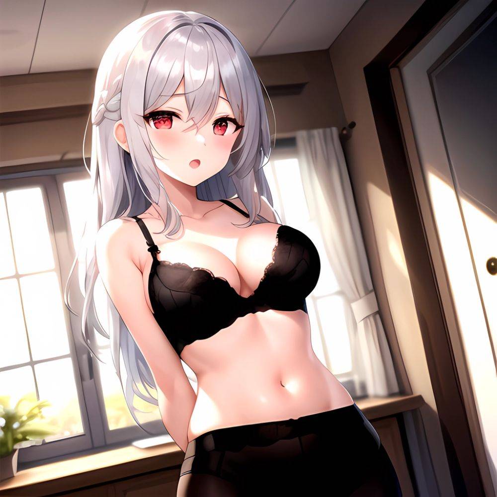 1girl Black Bra Blush Bra Breasts Double Parted Bangs Grey Hair Hair Between Eyes Indoors Large Breasts Long Hair Looking, 2688890734 - AI Hentai - #main