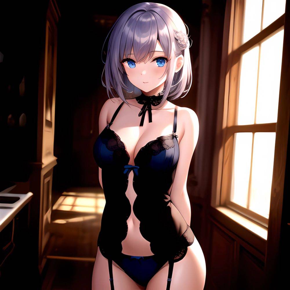 1girl Solo Gothic Emo Lingerie Arms Behind Back Facing The Viewer Blue Eyes, 3384825406 - AI Hentai - #main