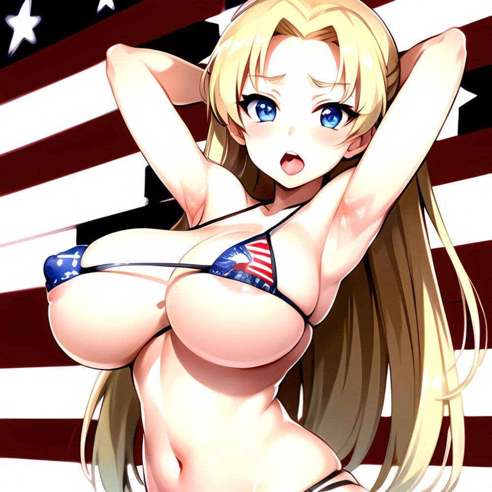 1girl American Flag Bikini Armpits Arms Behind Head Bikini Blonde Hair Blue Eyes Blush Breasts Covered Erect Nipples Flag Print, 446762016 - AI Hentai - #main