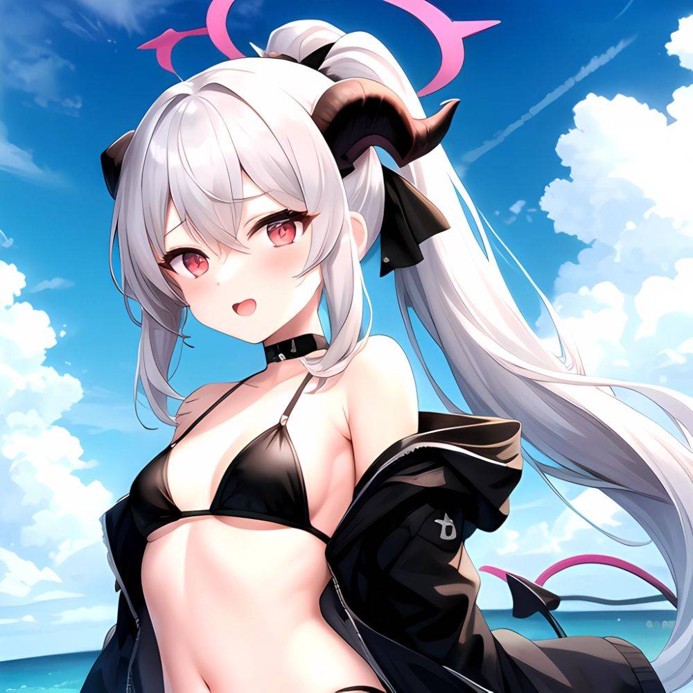 Kayoko Blue Archive 1girl Alternate Costume Bare Shoulders Bikini Black Bikini Black Choker Black Hair Black Horns Black Jacket, 1307637737 - AI Hentai - #main