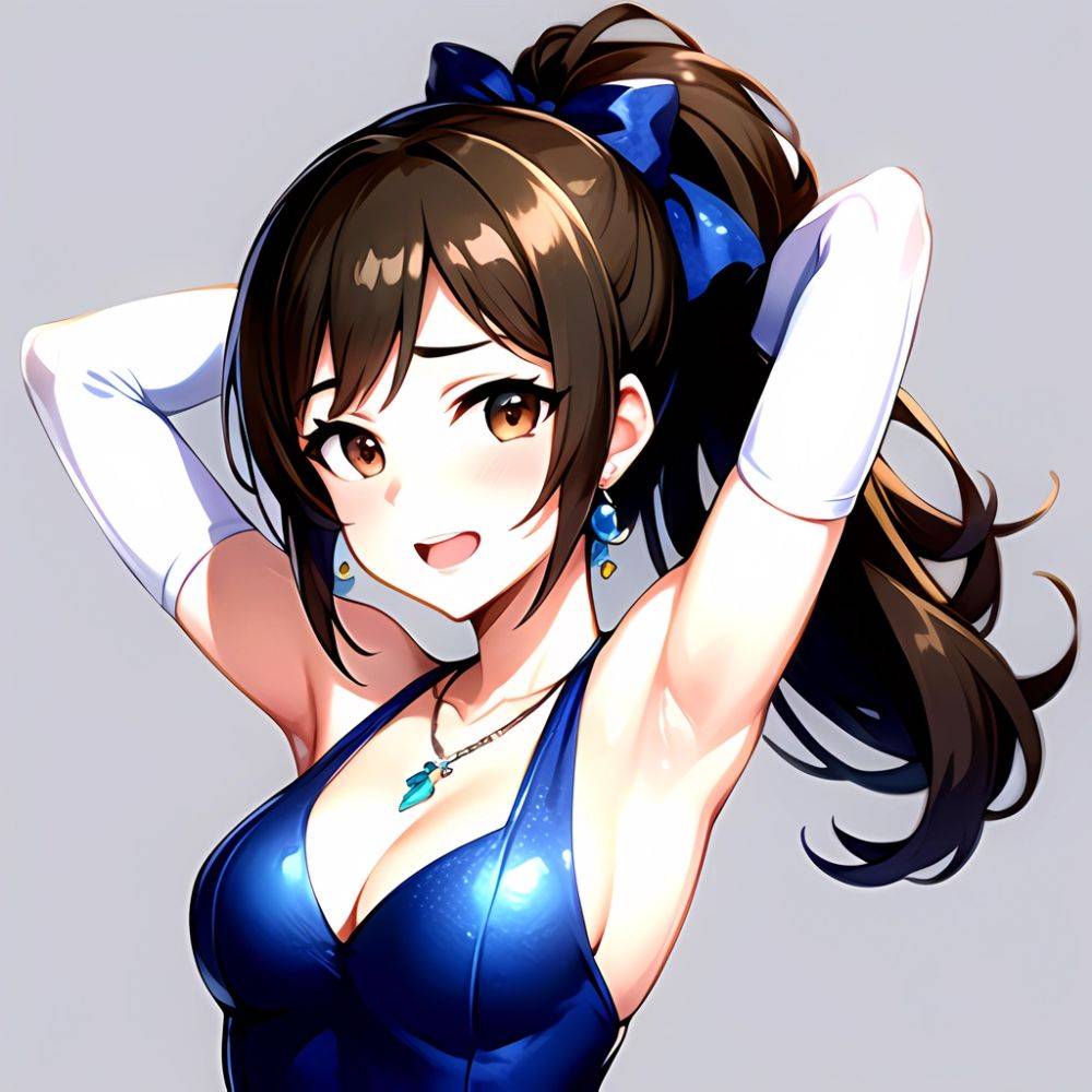 1girl Absurdres Armpits Arms Up Ayase Honoka Black Gloves Blue Bow Blue Dress Blush Bow Breasts Brown Eyes Brown Hair, 3657377762 - AI Hentai - #main