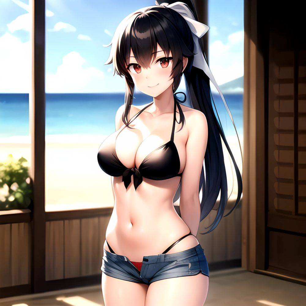 1girl Arms Behind Back Beach Bikini Bikini Under Shorts Black Bikini Black Hair Blurry Blurry Background Breasts Cleavage Closed, 650081024 - AI Hentai - #main