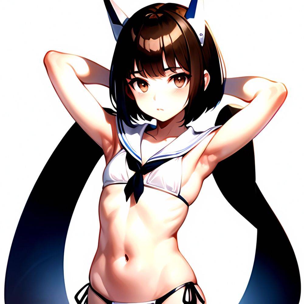 1girl Arms Up Arms Behind Head Bikini Bob Cut Brown Eyes Brown Hair Cosplay Cowboy Shot Flat Chest Headgear Inverted, 342288987 - AI Hentai - #main