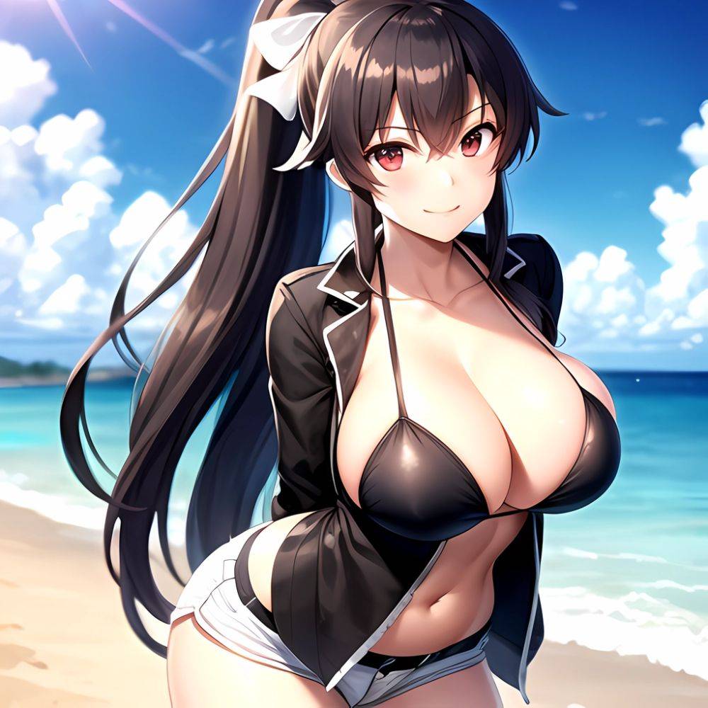 1girl Arms Behind Back Beach Bikini Bikini Under Shorts Black Bikini Black Hair Blurry Blurry Background Breasts Cleavage Closed, 977725555 - AI Hentai - #main