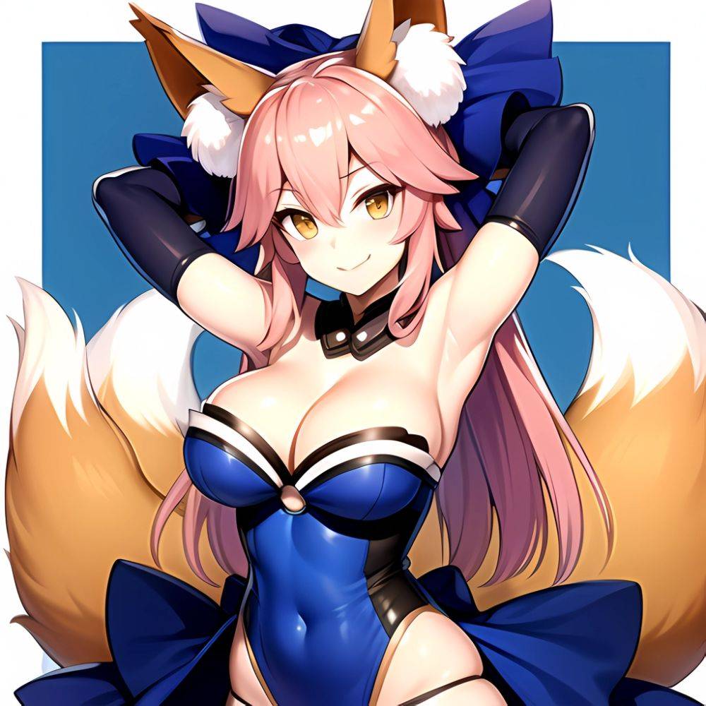 Tamamo Fate Tamamo No Mae Fate Extra 1girl Animal Ear Fluff Animal Ears Arms Up Bare Shoulders Blue Dress Blue, 699064152 - AI Hentai - #main