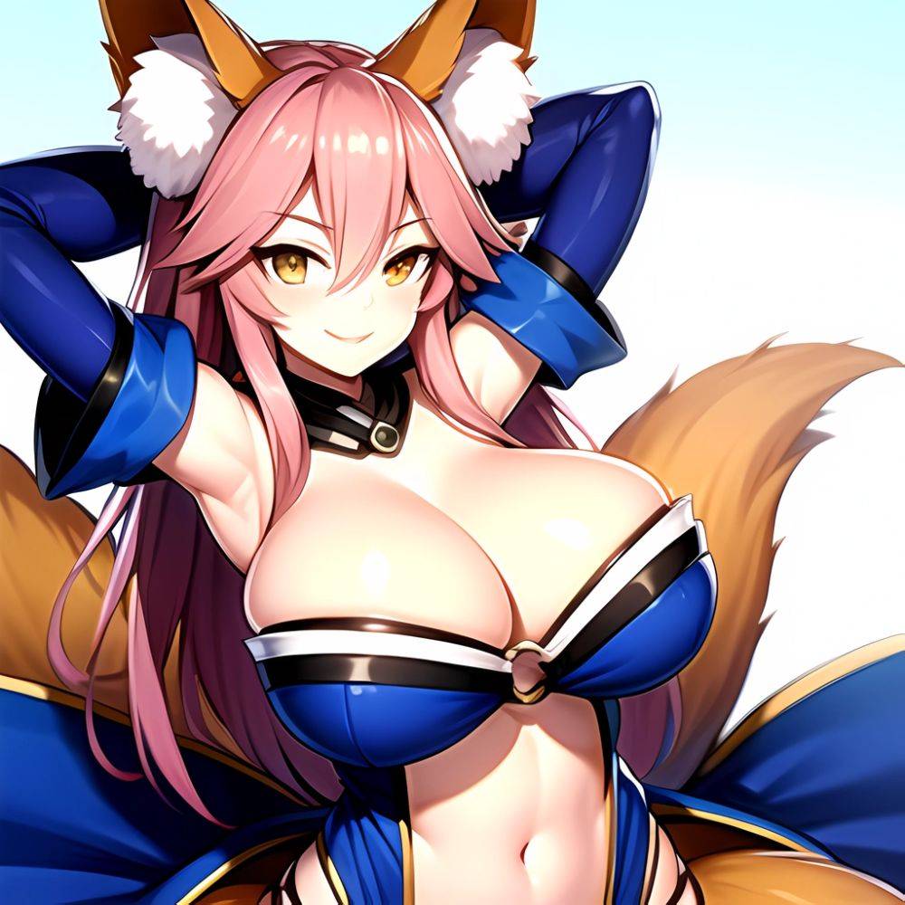 Tamamo Fate Tamamo No Mae Fate Extra 1girl Animal Ear Fluff Animal Ears Arms Up Bare Shoulders Blue Dress Blue, 1787944818 - AI Hentai - #main