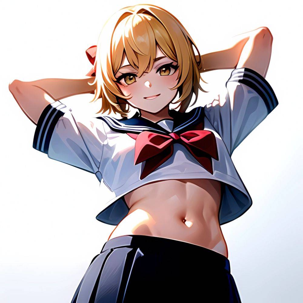 1girl Arms Up Arms Behind Head Blonde Hair Blue Skirt Bow Crop Top Crop Top Overhang Genshin Impact Gradient Background, 2967049648 - AI Hentai - #main