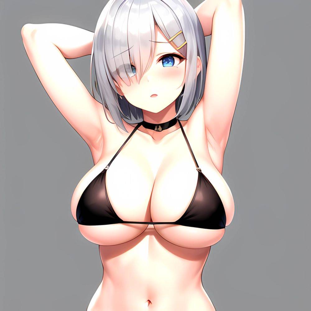 1girl Absurdres Armpits Arms Behind Head Bikini Black Bikini Black Choker Blue Eyes Blush Breasts Choker Cleavage Commentary Req, 4054401276 - AI Hentai - #main