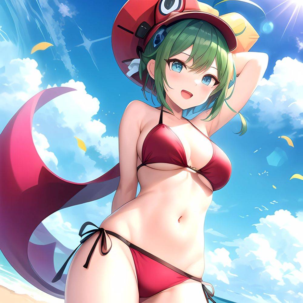 Roro Gunvolt 1girl Ahoge Arms Behind Back Bikini Blue Eyes Breasts Cowboy Shot Green Hair Groin Halterneck Headgear Light Partic, 3501672671 - AI Hentai - #main