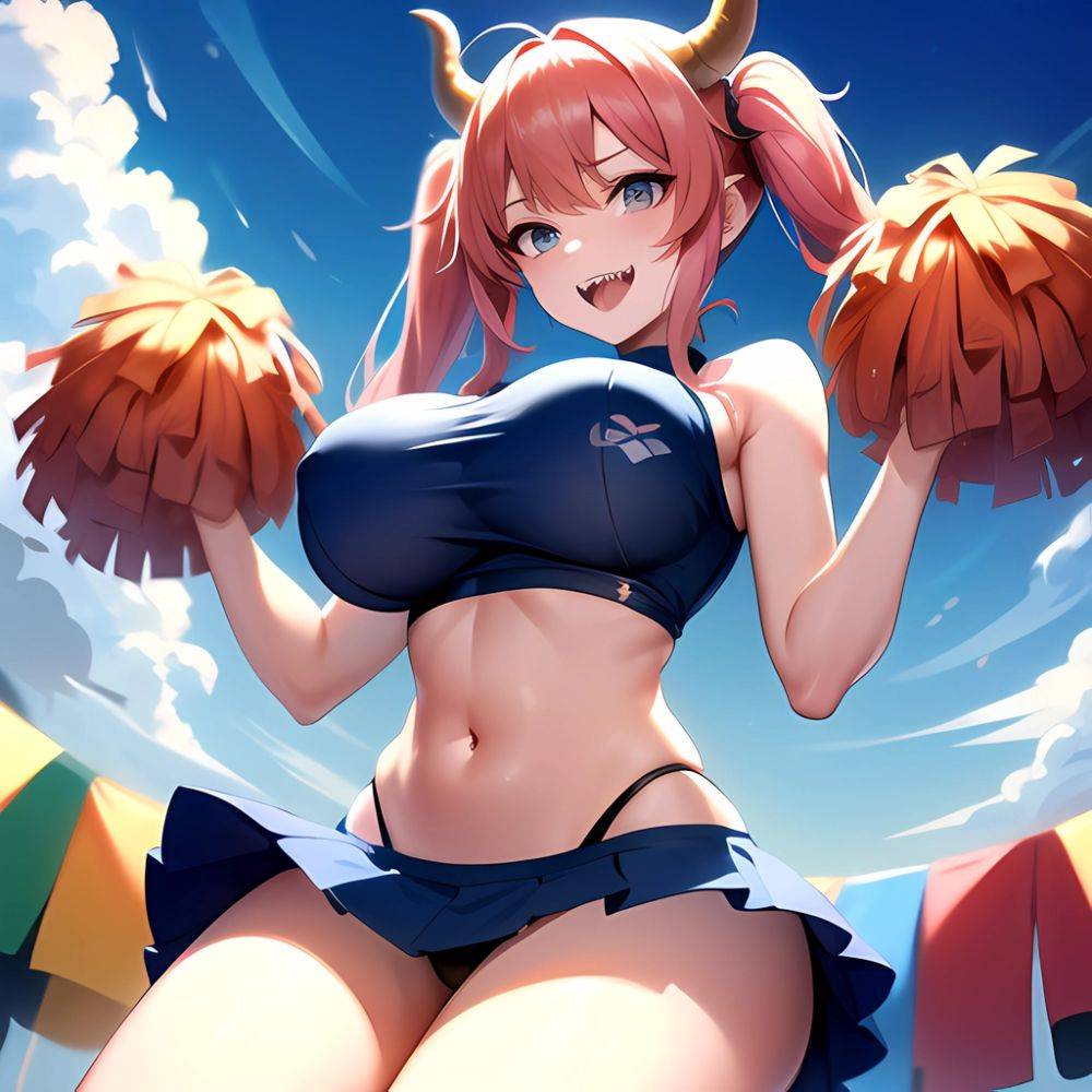 1girl Absurdres Blue Skirt Bluefrok Breasts Cheerleader Dragon Girl Dragon Horns Highres Holding Holding Pom Poms Horns Huge Bre, 503202902 - AI Hentai - #main
