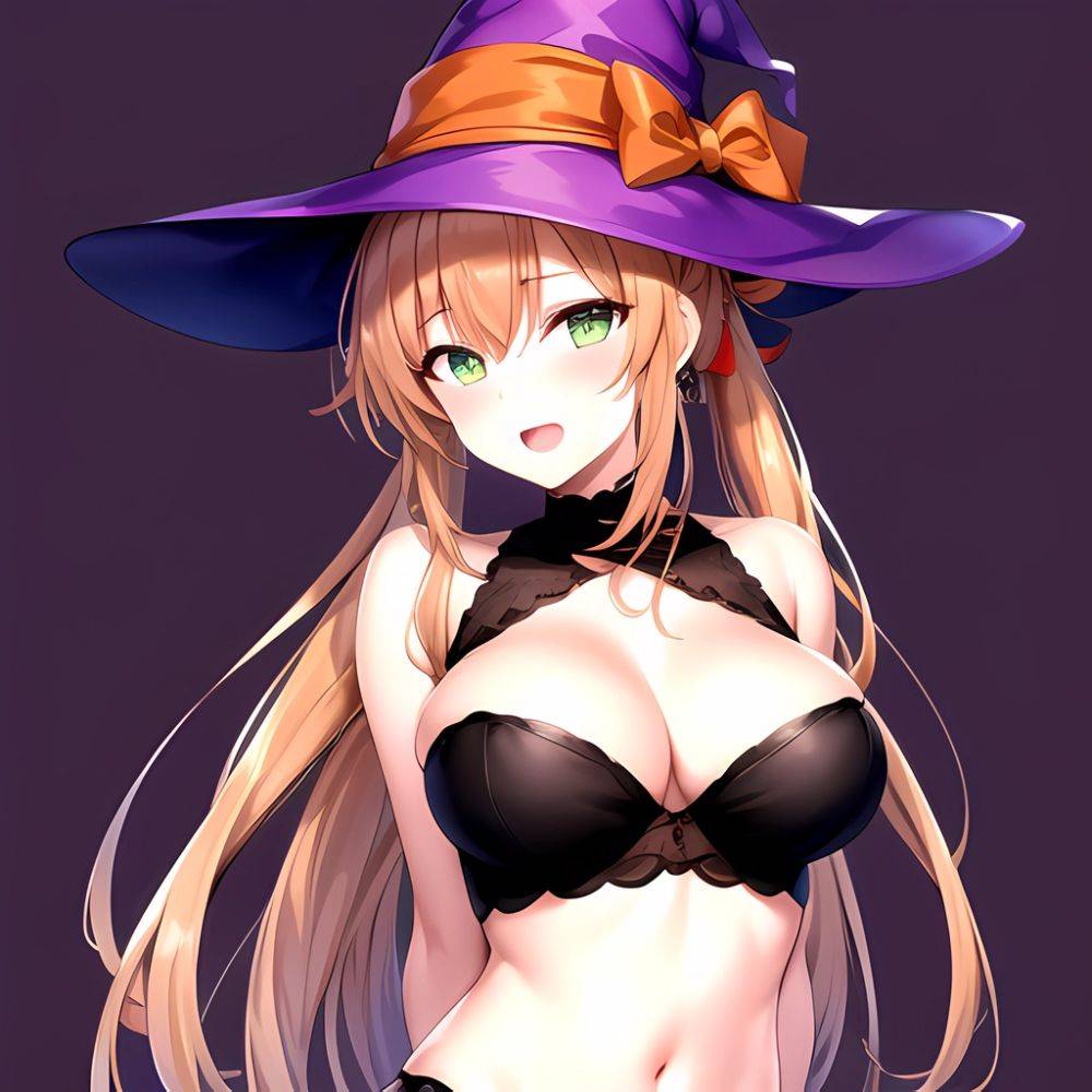 Chinatsu Suzutsuki Kurara 1girl Breasts Brown Hair Green Eyes Halloween Halloween Costume Hat Large Breasts Long Hair Open Mouth, 4189639281 - AI Hentai - #main