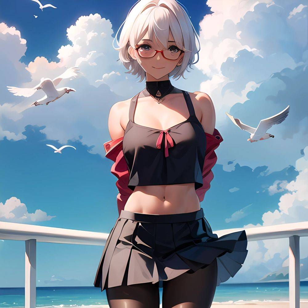 1girl Aircraft Bird Breasts Cloud Cloudy Sky Cowboy Shot Curtsey Dark Skinned Female Dark Skin Day Flashing Glasses Looking At, 764982064 - AI Hentai - #main