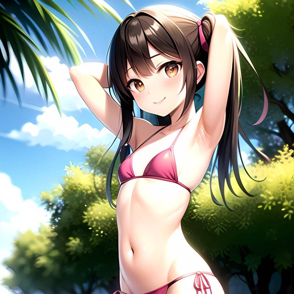 1girl Armpits Arms Behind Head Bikini Brown Eyes Brown Hair Cowboy Shot Dot Nose Flat Chest From Side Hair Ornament, 2863405919 - AI Hentai - #main