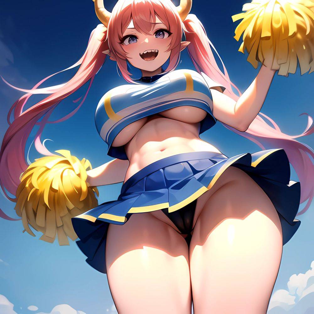 1girl Absurdres Blue Skirt Bluefrok Breasts Cheerleader Dragon Girl Dragon Horns Highres Holding Holding Pom Poms Horns Huge Bre, 3051885147 - AI Hentai - #main