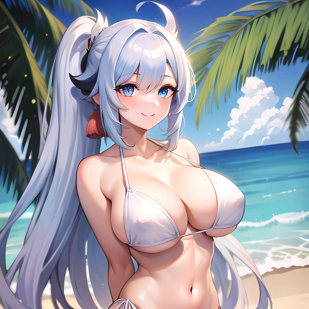 1girl Absurdres Bare Shoulders Beach Bikini Blue Eyes Blue Sky Blush Braid Braided Ponytail Breasts Cleavage Collarbone Genshin, 162157703 - AI Hentai - #main