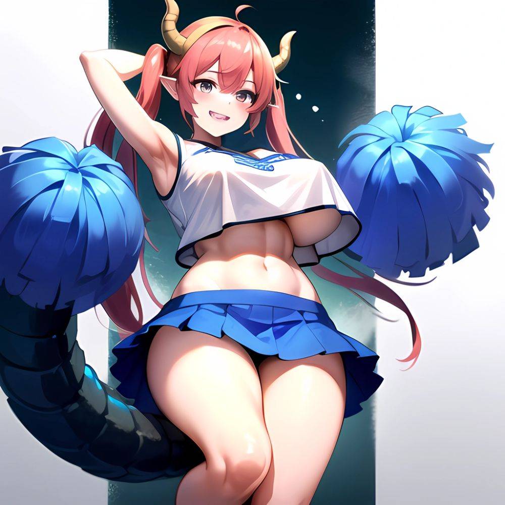 1girl Absurdres Blue Skirt Bluefrok Breasts Cheerleader Dragon Girl Dragon Horns Highres Holding Holding Pom Poms Horns Huge Bre, 73655161 - AI Hentai - #main