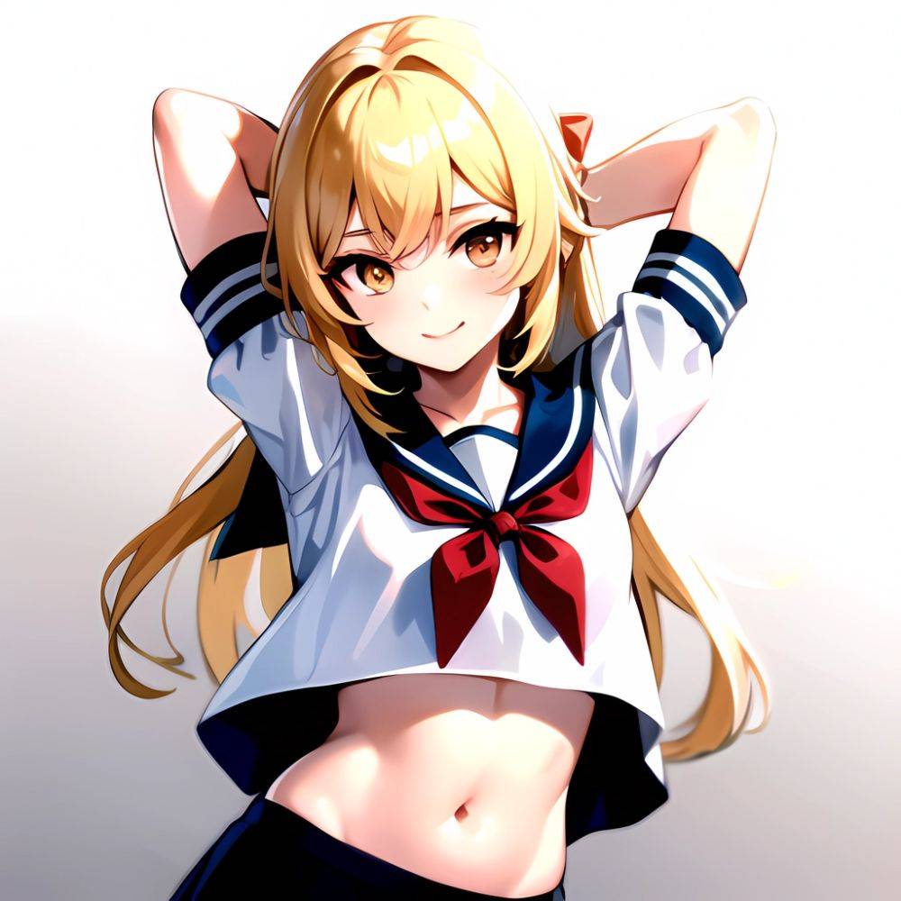 1girl Arms Up Arms Behind Head Blonde Hair Blue Skirt Bow Crop Top Crop Top Overhang Genshin Impact Gradient Background, 3123363315 - AI Hentai - #main