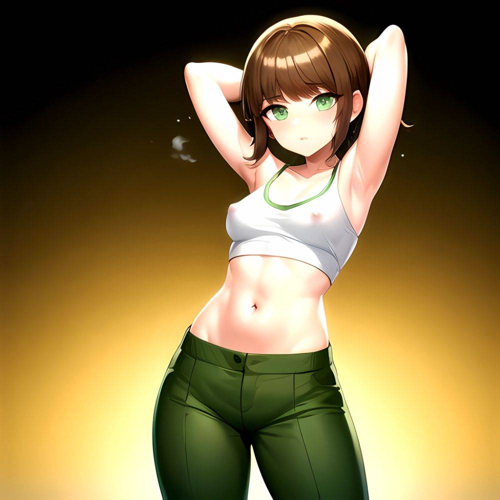 1boy Armpits Arms Behind Head Blush Breasts Brown Hair Bulge Collarbone Contrapposto Covered Nipples Crop Top Danganronpa Trigge, 2209556900 - AI Hentai - #main