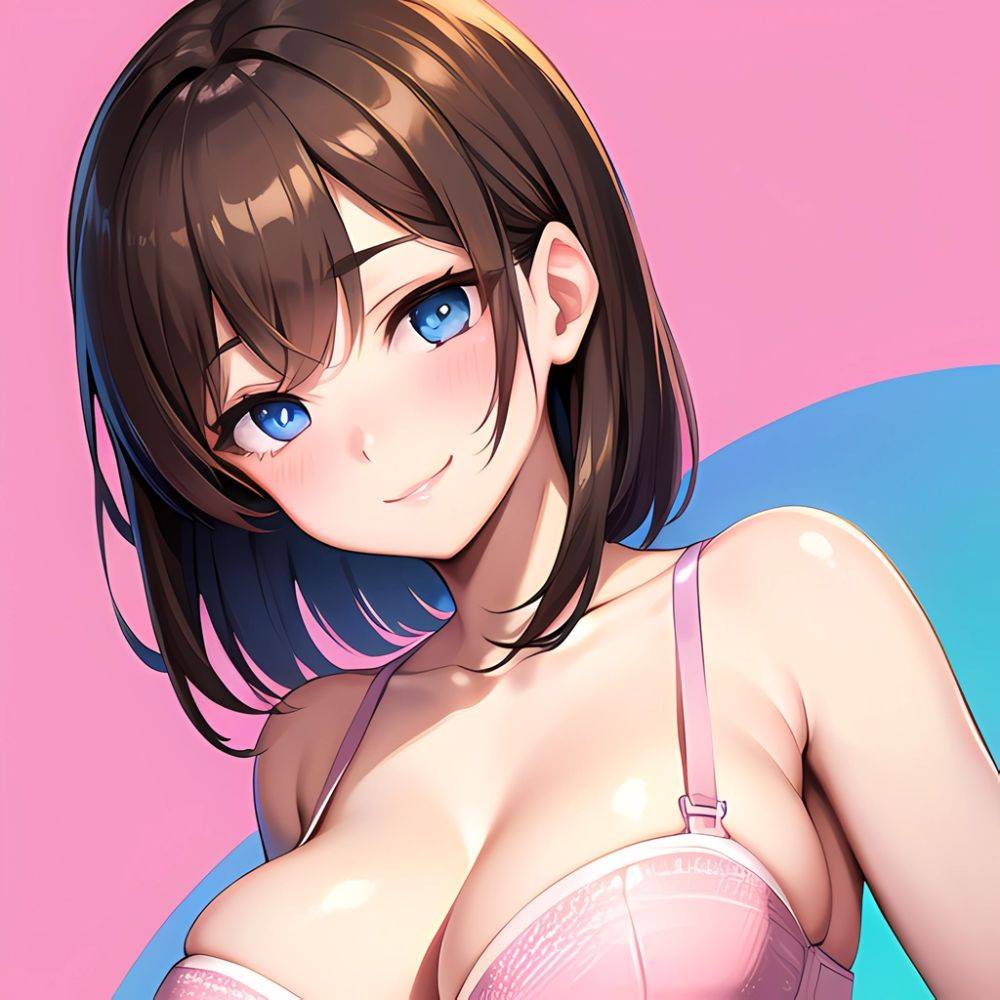 1girl Ai Generated Blue Eyes Blush Breasts Brown Hair Highres Large Breasts Light Smile Looking At Viewer Pink Background Short, 2563112673 - AI Hentai - #main