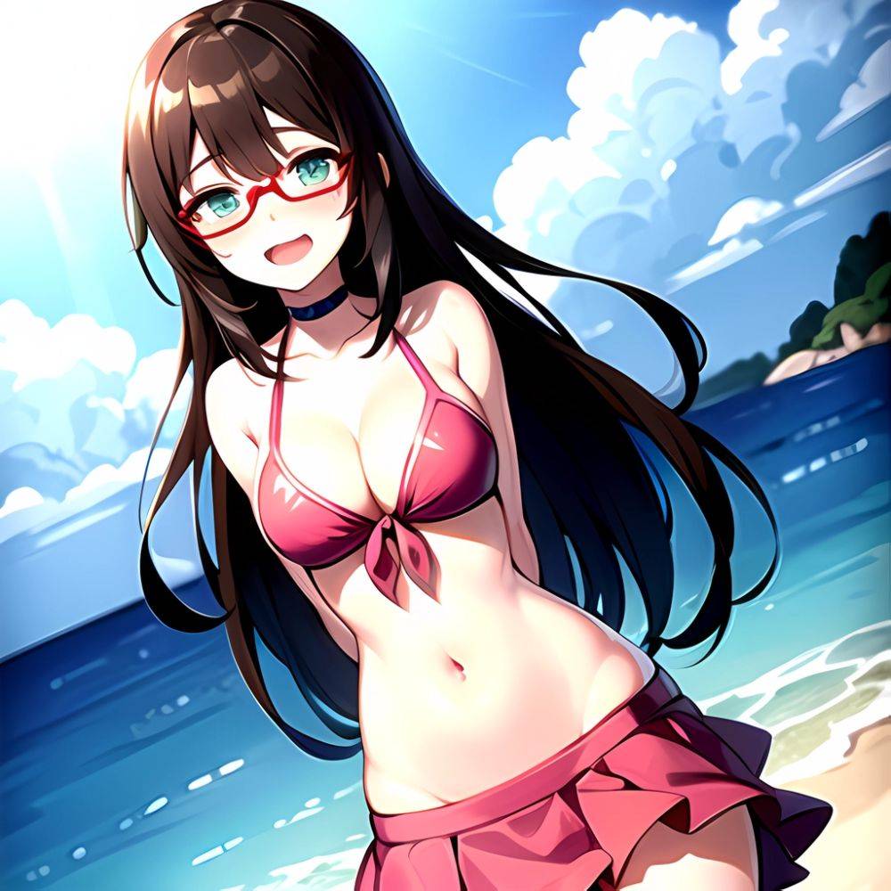 1girl D Bikini Bikini Bottom Aside Bikini Skirt Black Choker Blush Breasts Brown Hair Choker Cleavage Clothing Aside Front Tie, 2755375740 - AI Hentai - #main