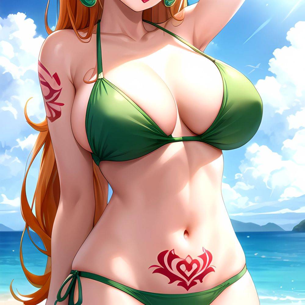 Nami One Piece 1girl Bare Arms Bare Shoulders Bikini Breasts Earrings Green Bikini Groin Jewelry Large Breasts Long Hair Looking, 469854648 - AI Hentai - #main