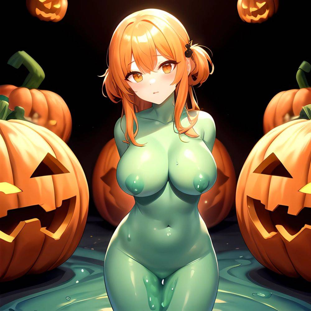 Orange Slime Messy Slime Big Boobs Pov Pumpkins Orange And Black Standing Up Facing The Viewer Arms Behind Back, 2093697493 - AI Hentai - #main