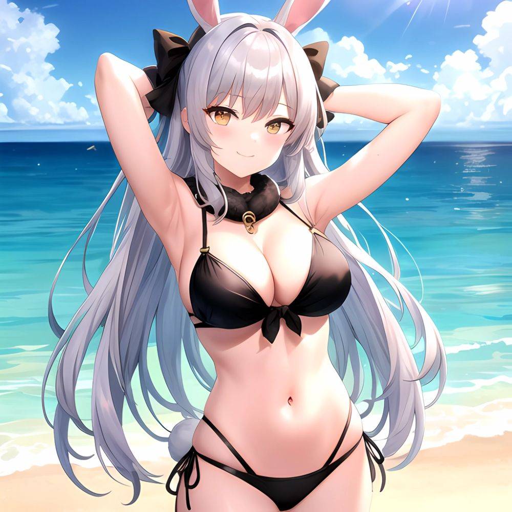 1girl Animal Ears Arms Behind Head Armpits Bare Shoulders Bikini Black Bikini Blue Bow Bow Breasts Cleavage Closed Mouth Cowboy, 3490119145 - AI Hentai - #main