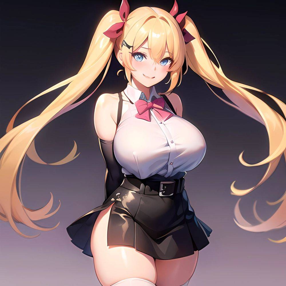 1girl Aymusk Belt Black Skirt Blonde Hair Blue Eyes Blush Bow Bowtie Breasts Curvy Elbow Gloves Fang Gloves Gradient Background, 3987711077 - AI Hentai - #main